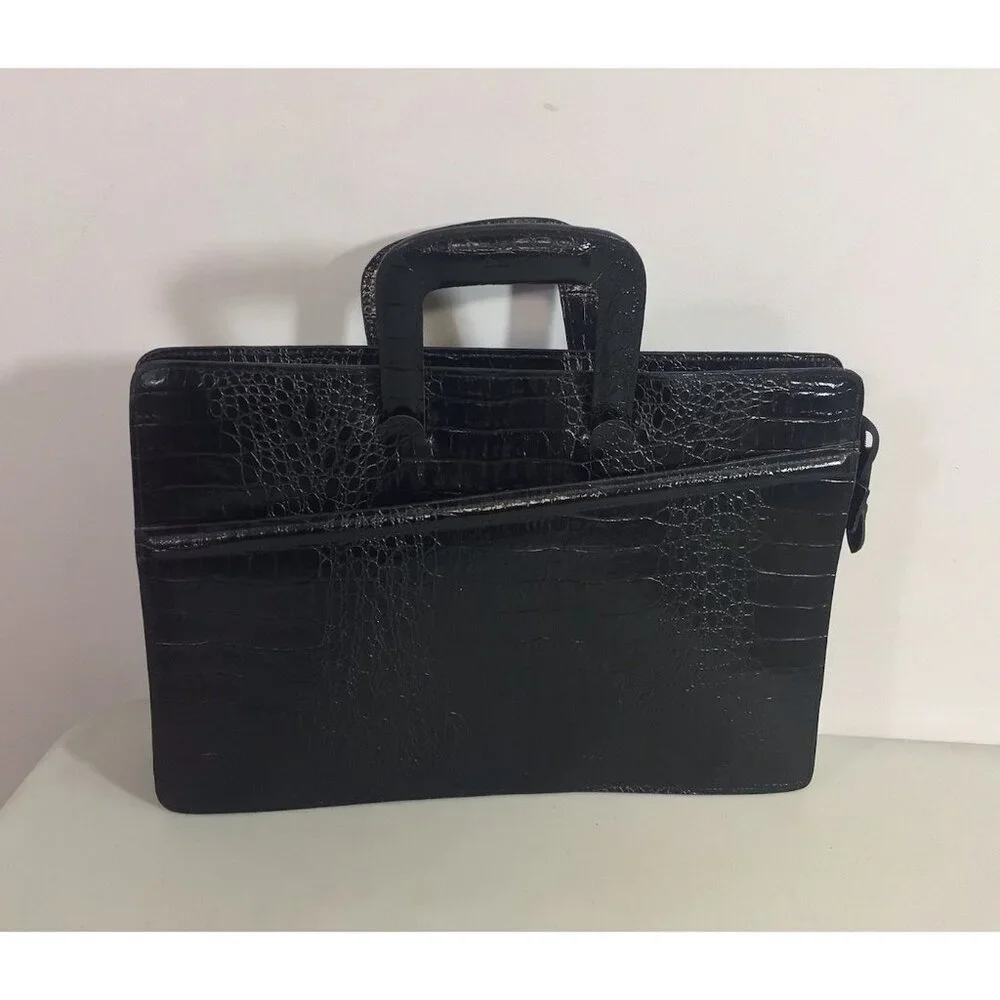 Vintage Croc Embossed Black Leather Laptop Bag Briefcase